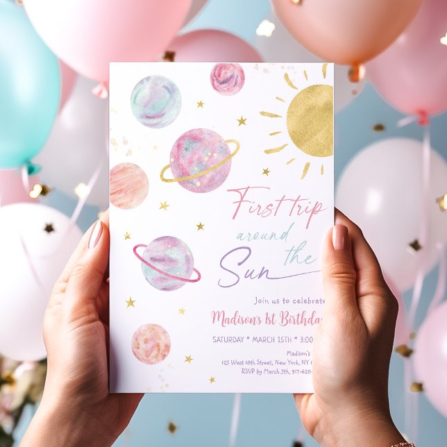 First Trip Around the Sun Pink Space Birthday Invitation (Creator Uploaded)