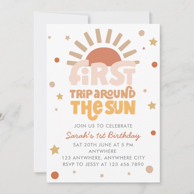 First Trip Around The Sun Retro Boho 1st Birthday Invitation (Front)