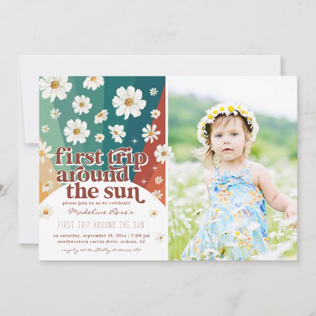 First Trip Around the Sun | Retro Daisy Rainbow  Invitation (Front)