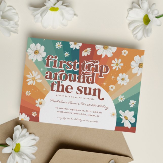 First Trip Around the Sun | Retro Daisy Rainbow Invitation (Creator Uploaded)