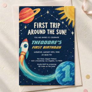 First Trip Around the Sun Rocket First Birthday Invitation
