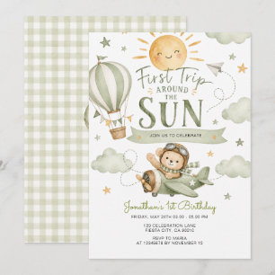 First Trip Around The Sun Sage Green Birthday Invitation