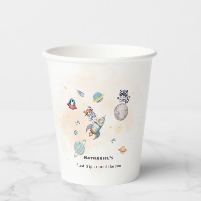 First Trip Around the Sun space animals Birthday  Paper Cups (Front)