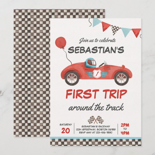 First Trip Around The Track Race Car 1st Birthday Invitation (Front/Back)