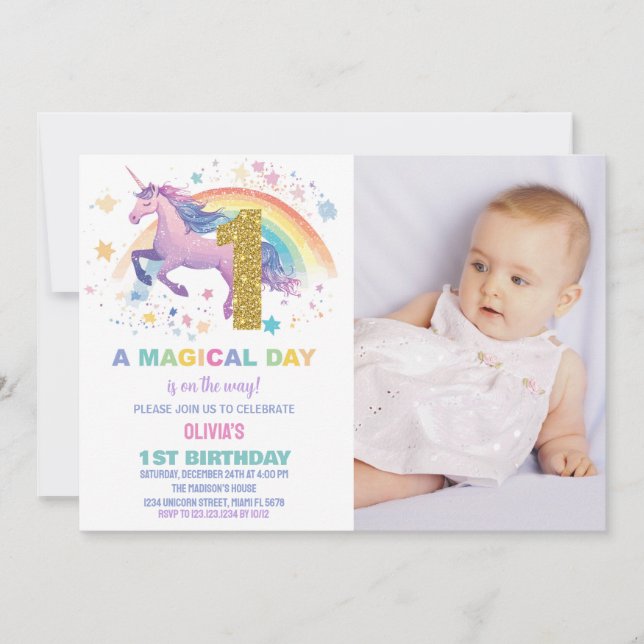 First Unicorn Birthday Invitations with photo (Front)