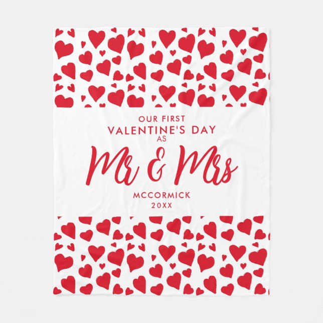First Valentines Day as Mr and Mrs Red Hearts Fleece Blanket (Front)