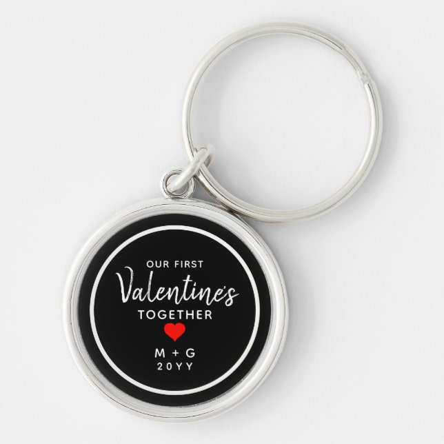 First Valentines Day Couples Red Heart Monogram Keychain (Front)