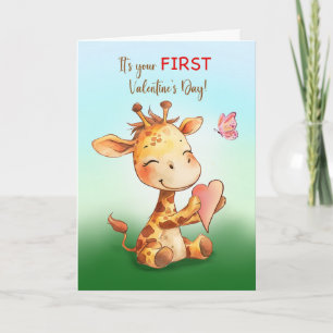 First Valentines Day Cute Happy Giraffe with Heart Card