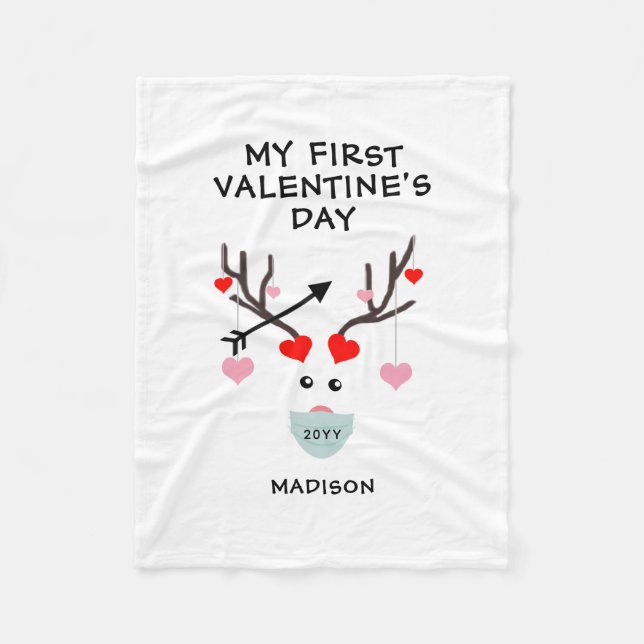 First Valentines Day Cute Heart Deer Personalized Fleece Blanket (Front)