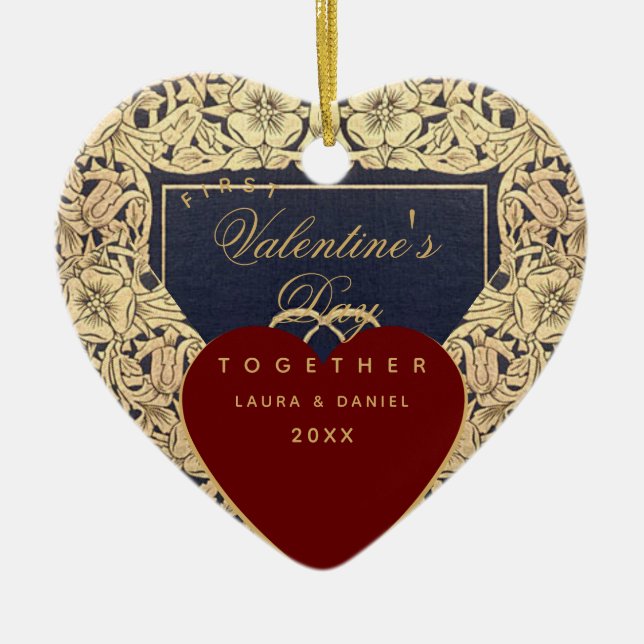First Valentine's Day Together Red Gold Roses Ceramic Ornament (Front)
