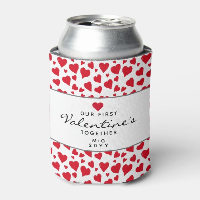 First Valentines Day Together Red Hearts Monogram Can Cooler (Can Front)