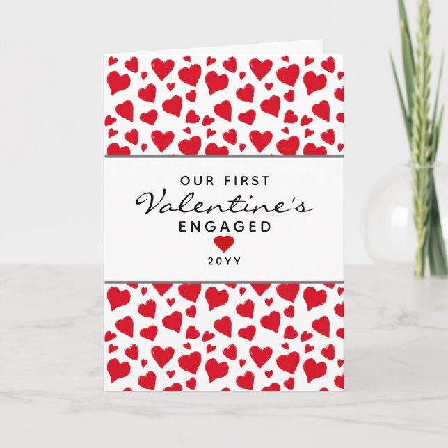 First Valentines Engaged Red Hearts Personalized Card (Front)