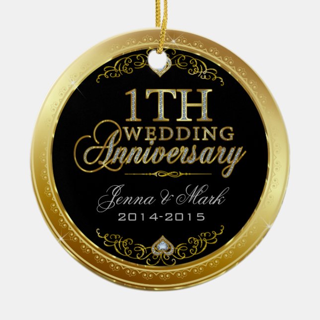 First Wedding Anniversary Gold And Diamonds Ceramic Ornament (Front)