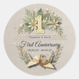 First Wedding Anniversary Papercut Cranes Couple Classic Round Sticker