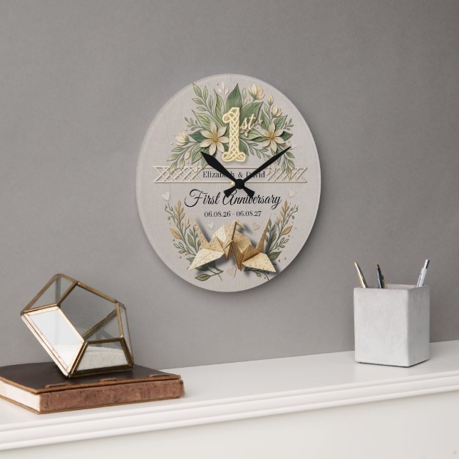 First Wedding Anniversary Papercut Cranes Couple Large Clock (Office)