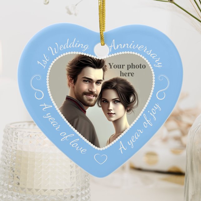First Wedding Anniversary Photo: Light Blue Ceramic Ornament (Creator Uploaded)