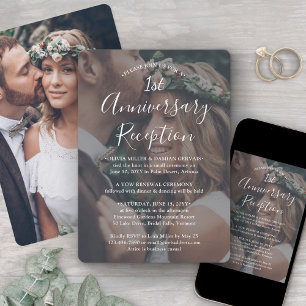 First Wedding Anniversary Photo & White Text Invitation