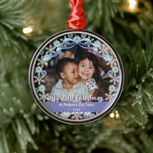 First Xmas Grandma Snowflakes Ribbon Light Blue Metal Ornament
