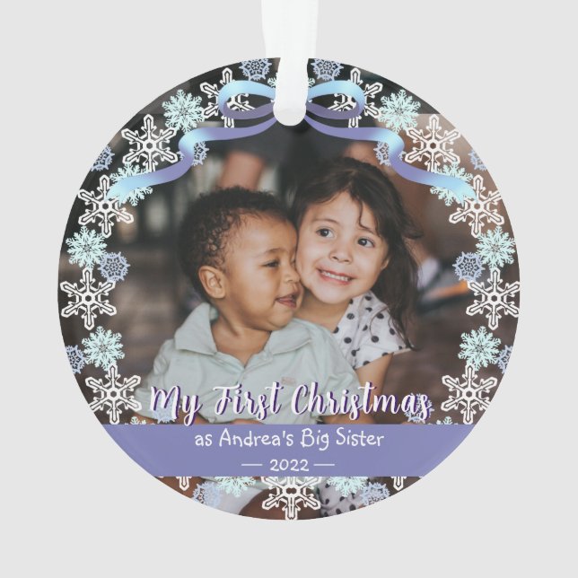 First Xmas Grandma Snowflakes Ribbon Light Blue  Ornament (Back)