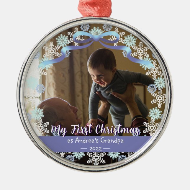 First Xmas Grandpa Light Blue Purple Tone Snow  Metal Ornament (Front)