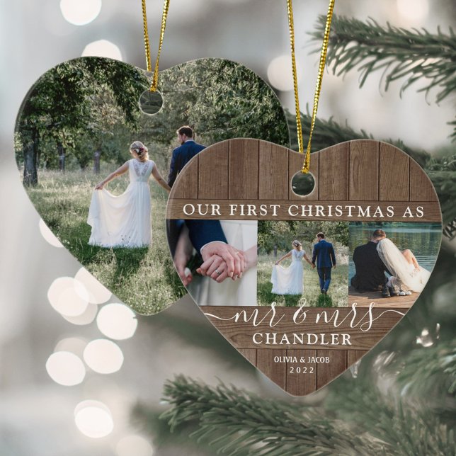 First Xmas Mr & Mrs 4 Photo Rustic Faux Wood Heart Ceramic Ornament (Creator Uploaded)