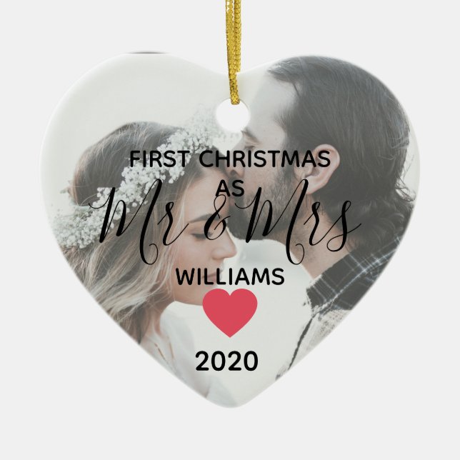 first year as Mr & Mrs happy couple photo Ceramic Ornament (Front)