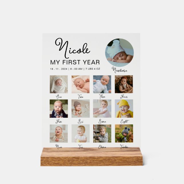 First Year Baby 12 Months Birthday Photo Collage Acrylic Sign (Front)