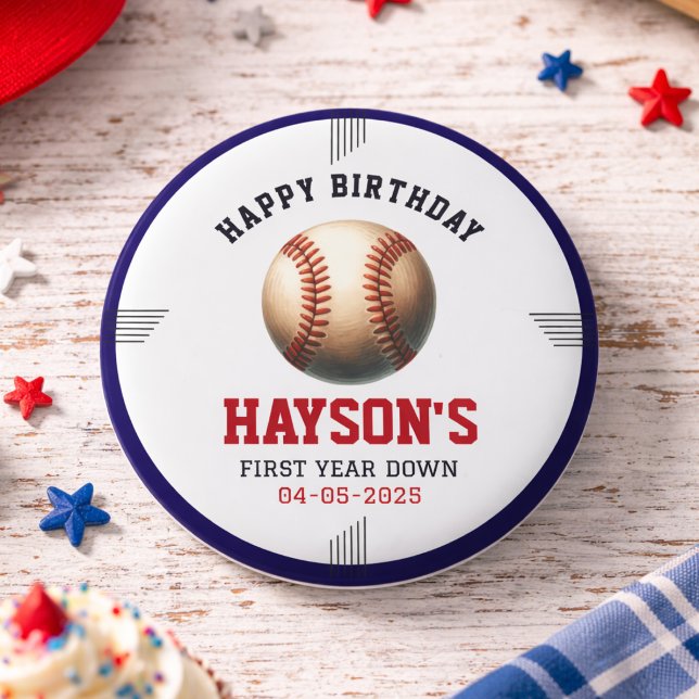 First Year Down Baseball 1st Birthday Party 1 Inch Round Button (First Year Down Baseball 1st Birthday Party Button)