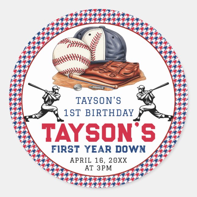 First Year Down Baseball 1st Birthday Party Classic Round Sticker (Front)