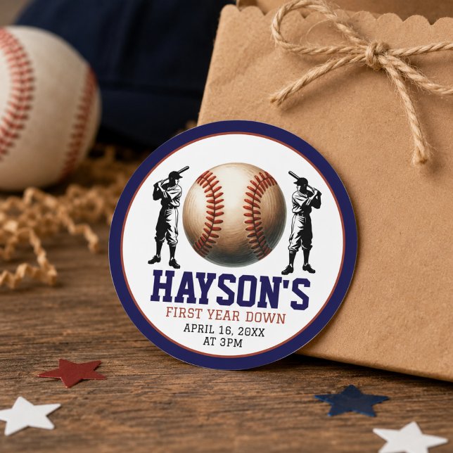 First Year Down Baseball 1st Birthday Party Classic Round Sticker (First Year Down Baseball 1st Birthday Party Classic Round Sticker)