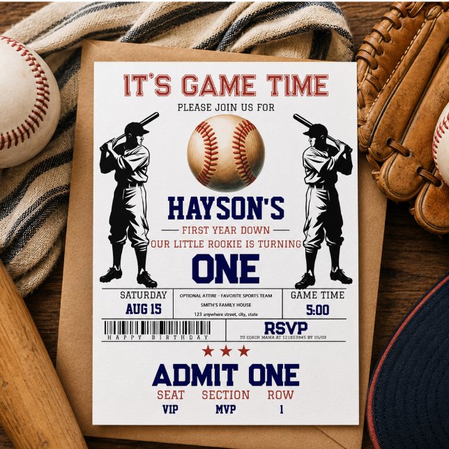  First Year Down Baseball 1st Birthday Party  Invitation (First Year Down Baseball 1st Birthday Party)