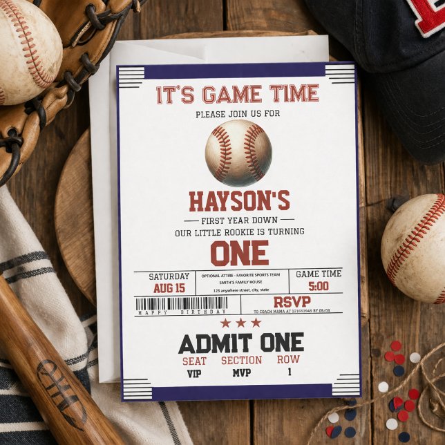 First Year Down Baseball 1st Birthday Party   Invitation (First Year Down Baseball 1st Birthday Party)