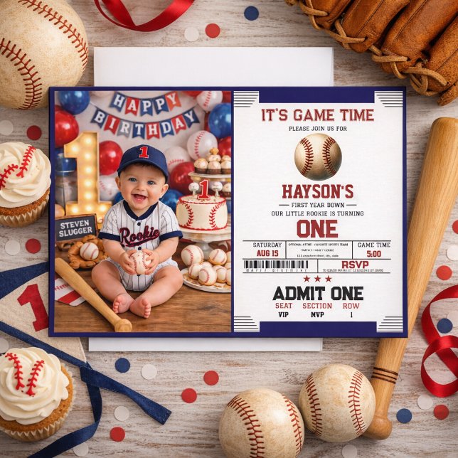 First Year Down Baseball 1st Birthday Party Invitation (First Year Down Baseball 1st Birthday Party)