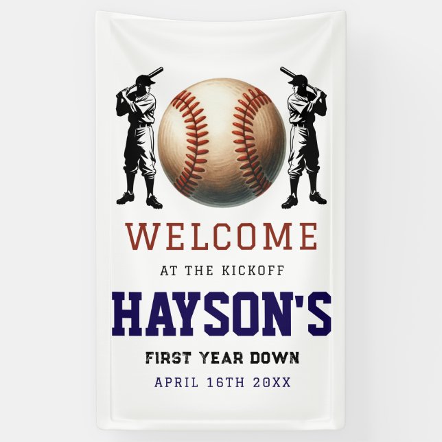  First Year Down Baseball 1st Birthday Welcome Banner (Vertical)