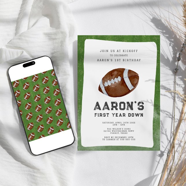 First Year Down Boy Football 1st Birthday Party Invitation (Creator Uploaded)