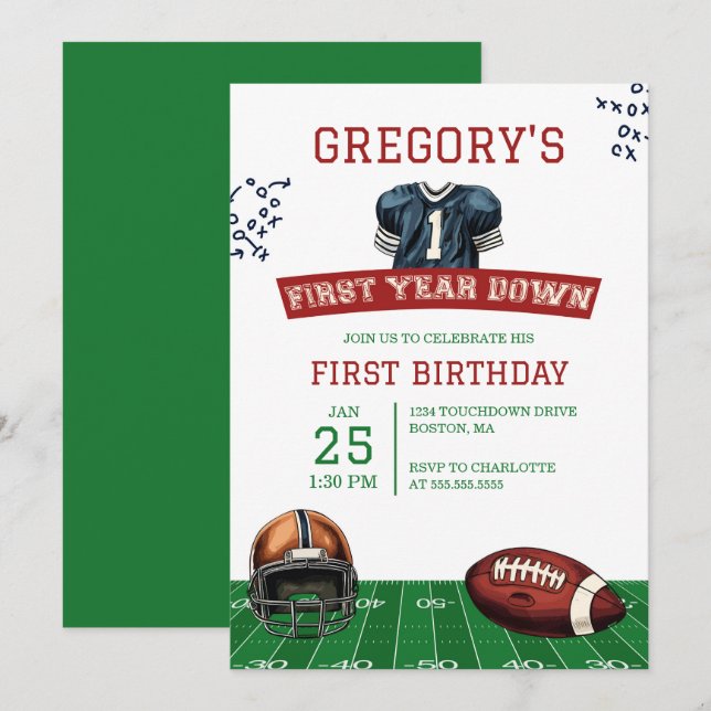 First Year Down Football 1st Birthday Invitation (Front/Back)