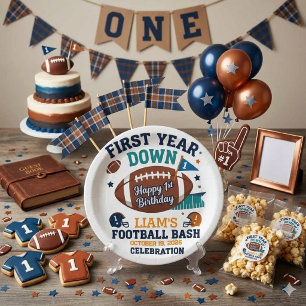 First Year Down Football 1st Birthday  Paper Plate