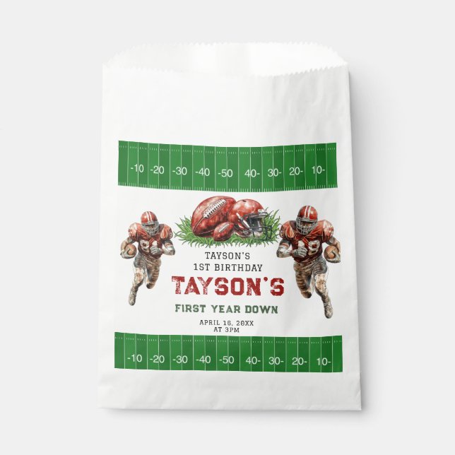 First Year Down Football 1st Birthday Party Favour Bag (Front)