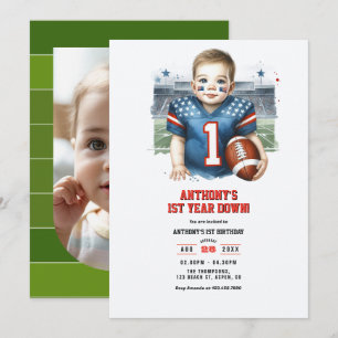 First Year Down Football 1st Birthday Party Photo Invitation
