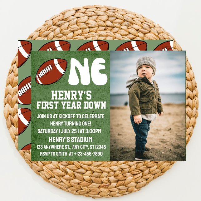First Year Down Football 1st Birthday Photo  Invitation (Creator Uploaded)