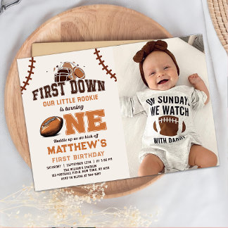 First Year Down Football 1st Birthday Photo Invitation