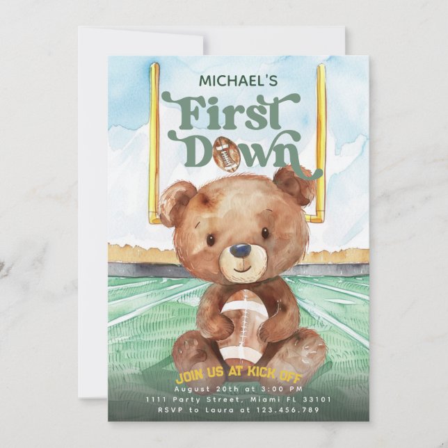 First Year Down Football Bear 1st Birthday Invitation (Front)
