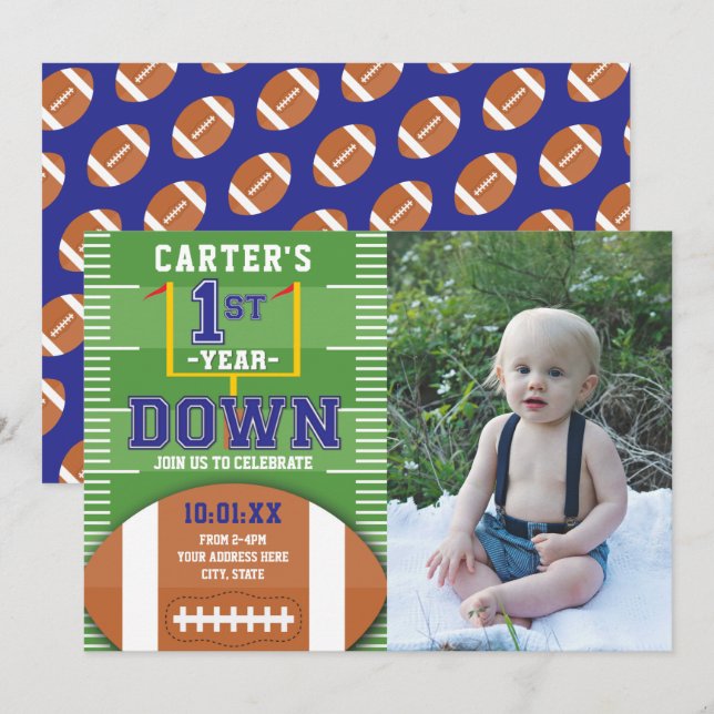 First Year Down Football Blue First Birthday Photo Invitation (Front/Back)