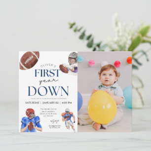 First year down football theme photo 1st birthday invitation