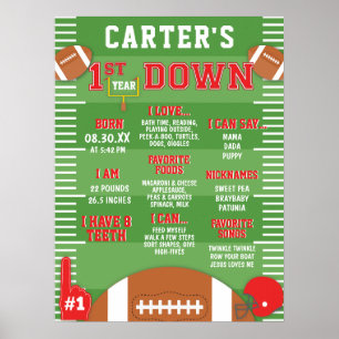 First Year Down Red Football 1st Birthday Foam  Poster