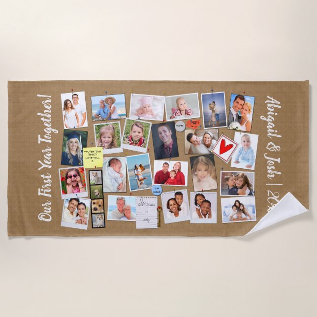 First Year Together Photo Memories Faux Cork Board Beach Towel (Front)