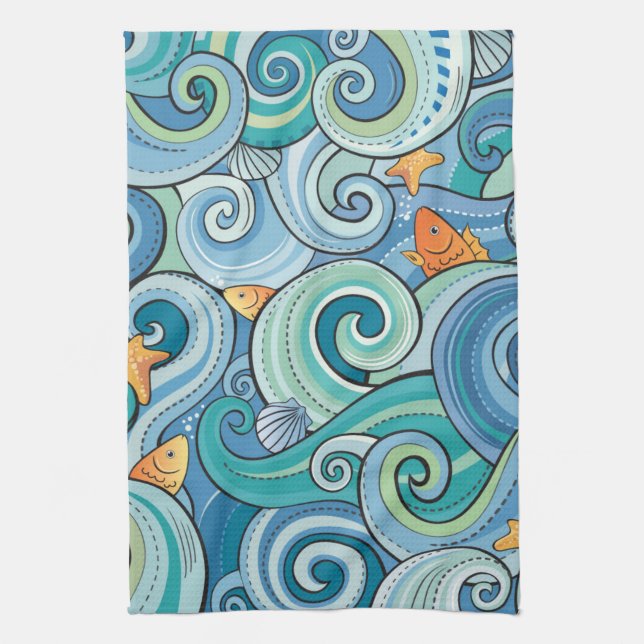 Fish Among The Waves Pattern Kitchen Towel (Vertical)