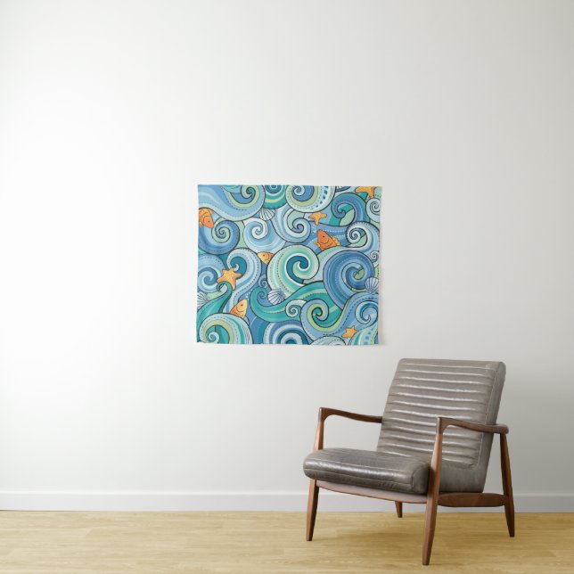 Fish Among The Waves Pattern Tapestry (In Situ (Horizontal))