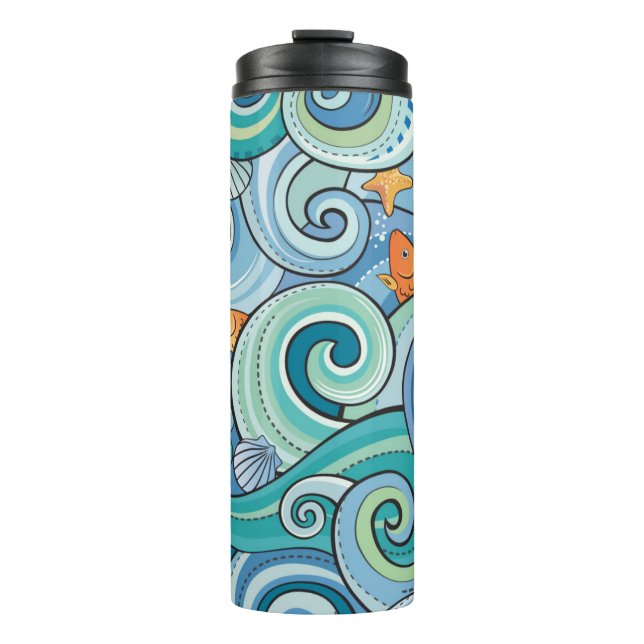 Fish Among The Waves Pattern Thermal Tumbler (Front)