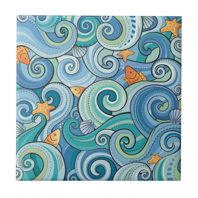 Fish Among The Waves Pattern Tile (Front)